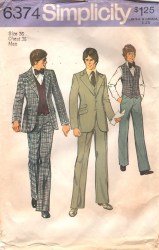 6374  Simplicity  1974 MR SUIT LINED JACKET,  V-VEST,  PANTS PATTERN 36'' CHEST uncut
